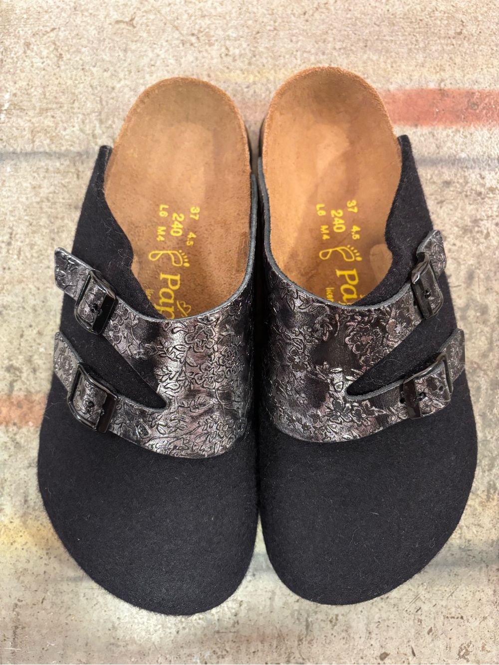 Birkenstock Papillio Black Wool Mules with Embossed Metallic Buckles